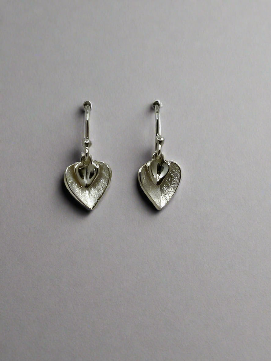Silver Double Heart Drop Earrings