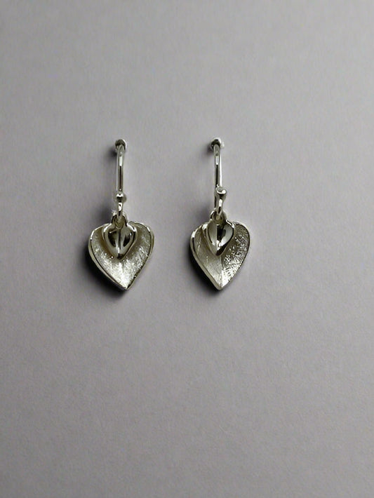 Silver Double Heart Drop Earrings