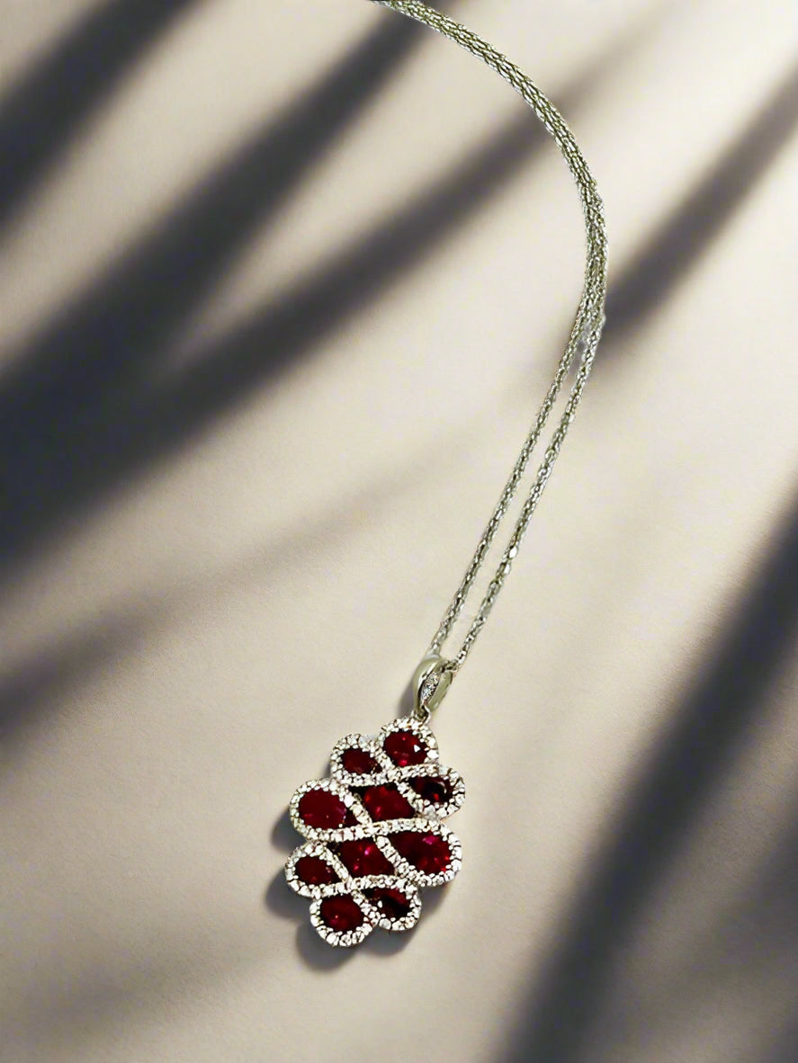 18ct White Gold Ruby and Diamond Pendant and Chain