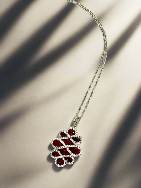 18ct White Gold Ruby and Diamond Pendant and Chain