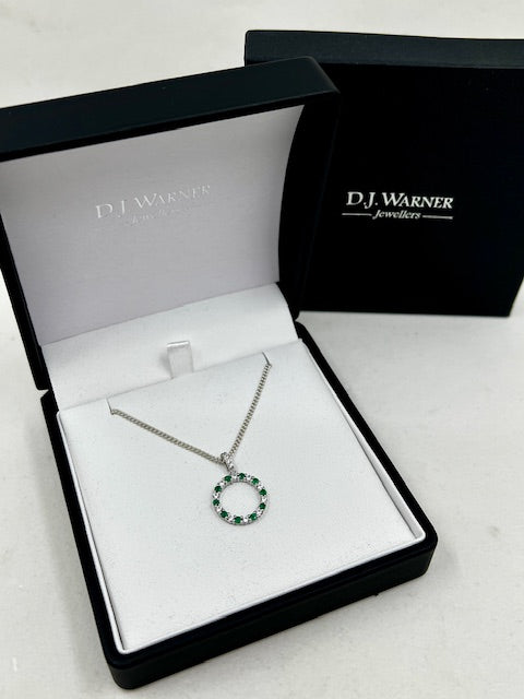Silver Emerald and CZ Set Pendant and Chain