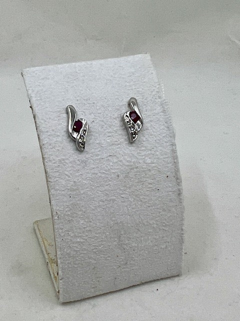 Silver Ruby and CZ Stud Earrings