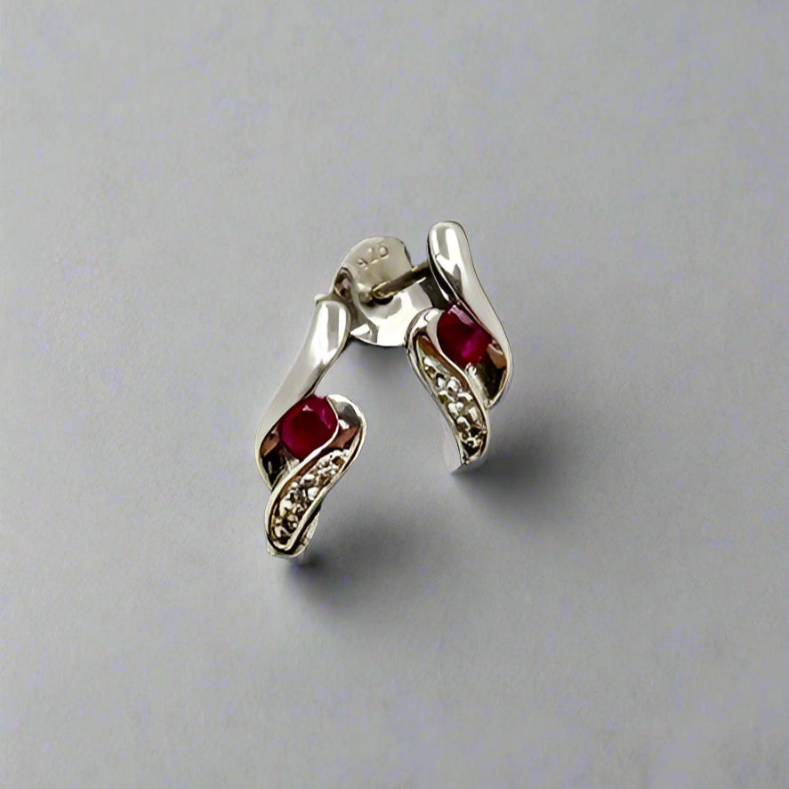 Silver Ruby and CZ Stud Earrings
