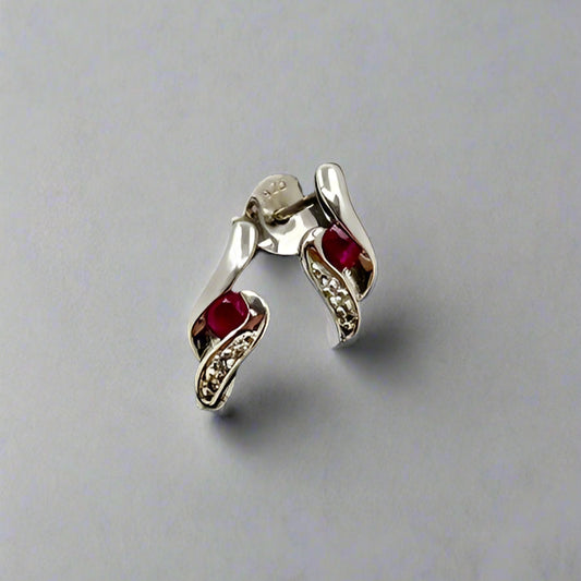 Silver Ruby and CZ Stud Earrings