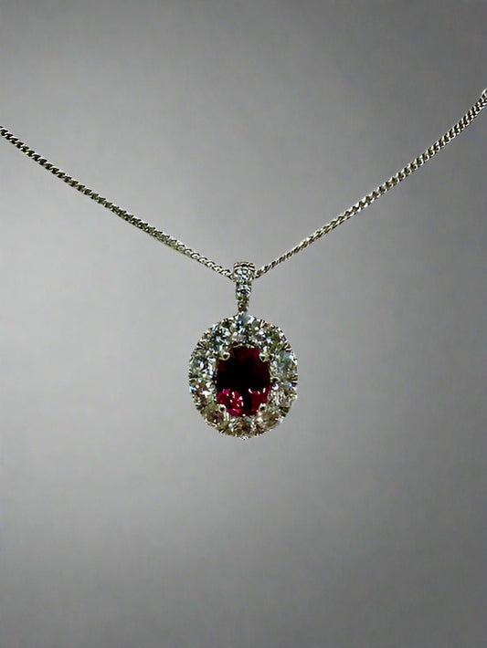 18ct White Gold Ruby and Diamond Cluster Pendant