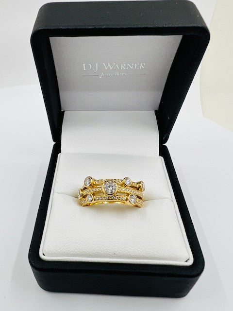 18ct Yellow Gold 3 Row Diamond Ring