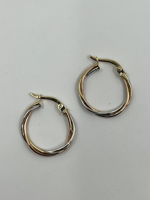 9ct Yellow White and Rose Gold Hoop Earrings