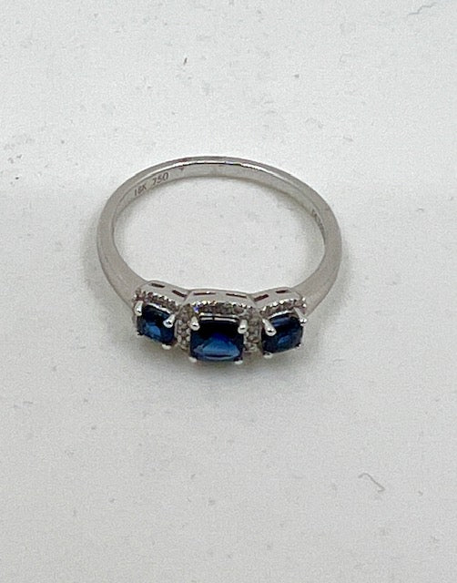 18ct White Gold Sapphire and Diamond 3 Stone Halo Ring
