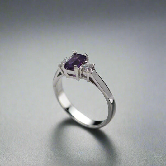 18ct White Gold Amethyst and Diamond 3 Stone Ring