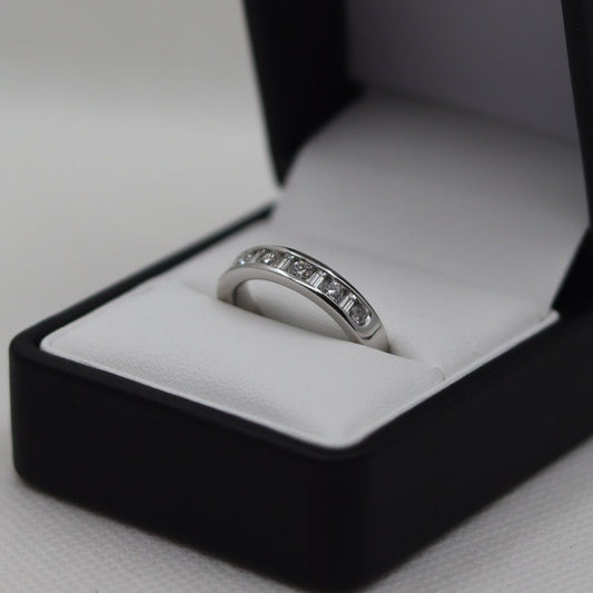 Platinum Channel Set Brilliant and Baguette Diamond Eternity Ring