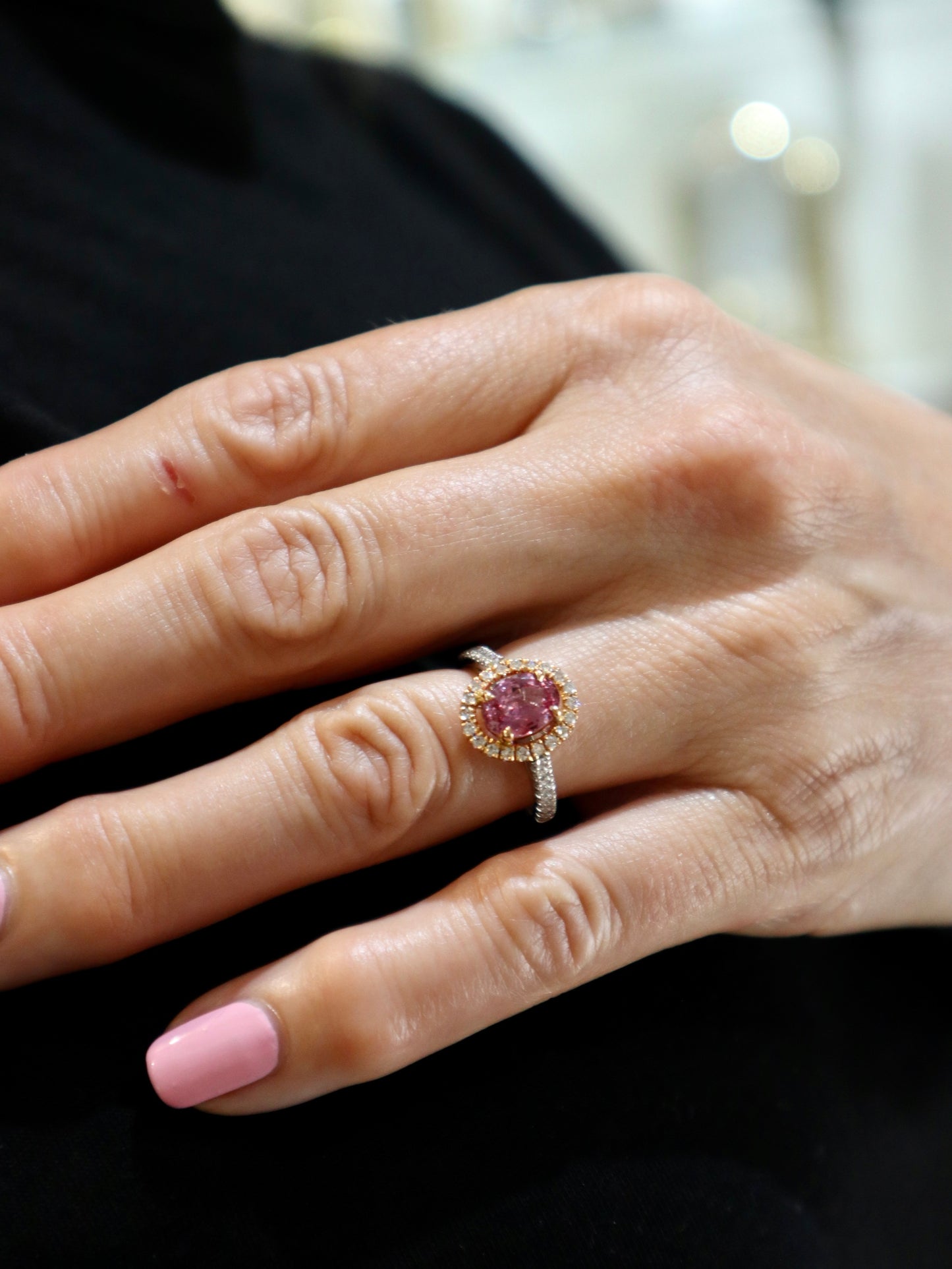 Platinum Sapphire and Diamond Halo Cluster Ring
