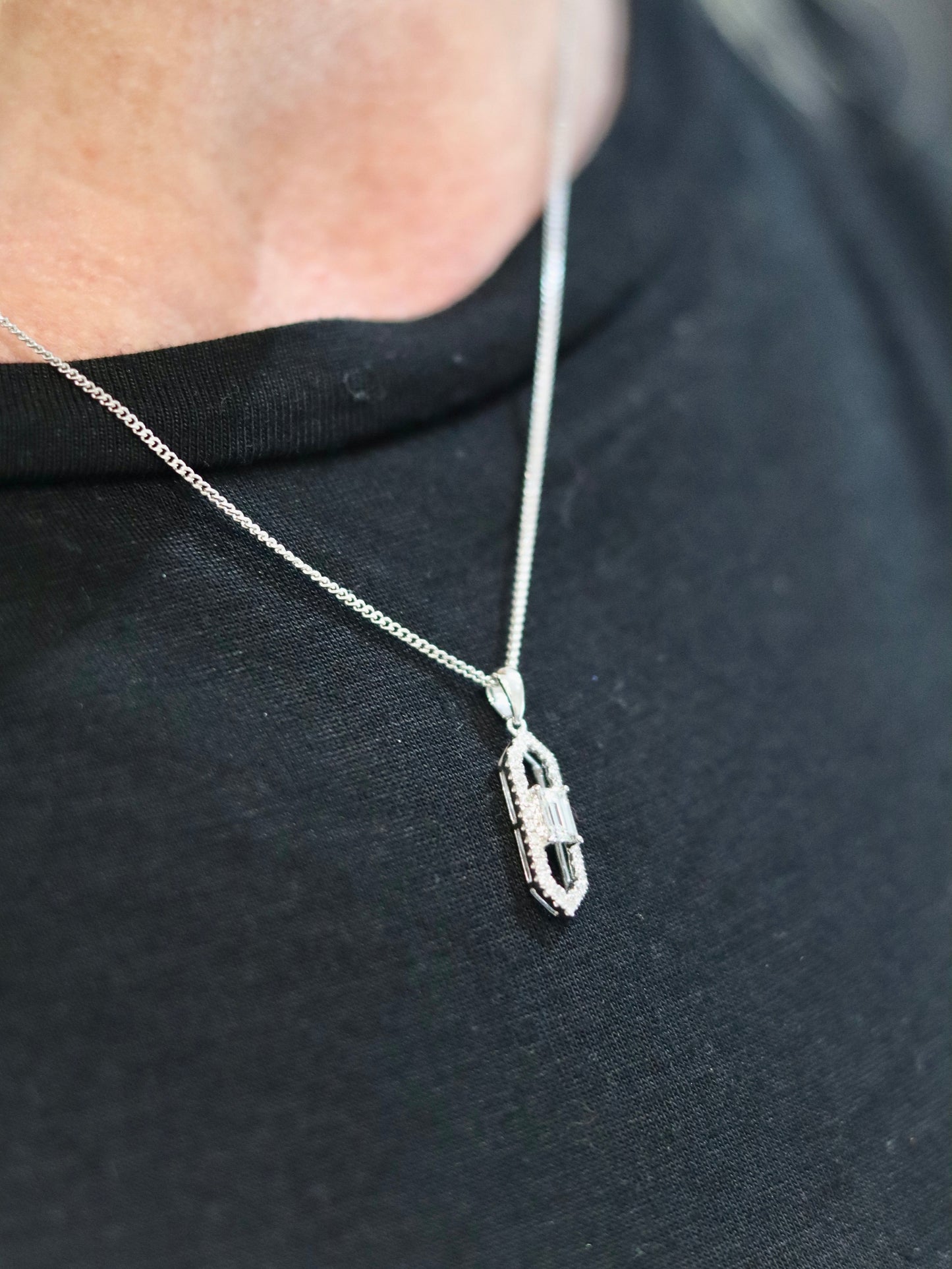 18ct White Gold Emerald Cut Diamond Pendant and Chain