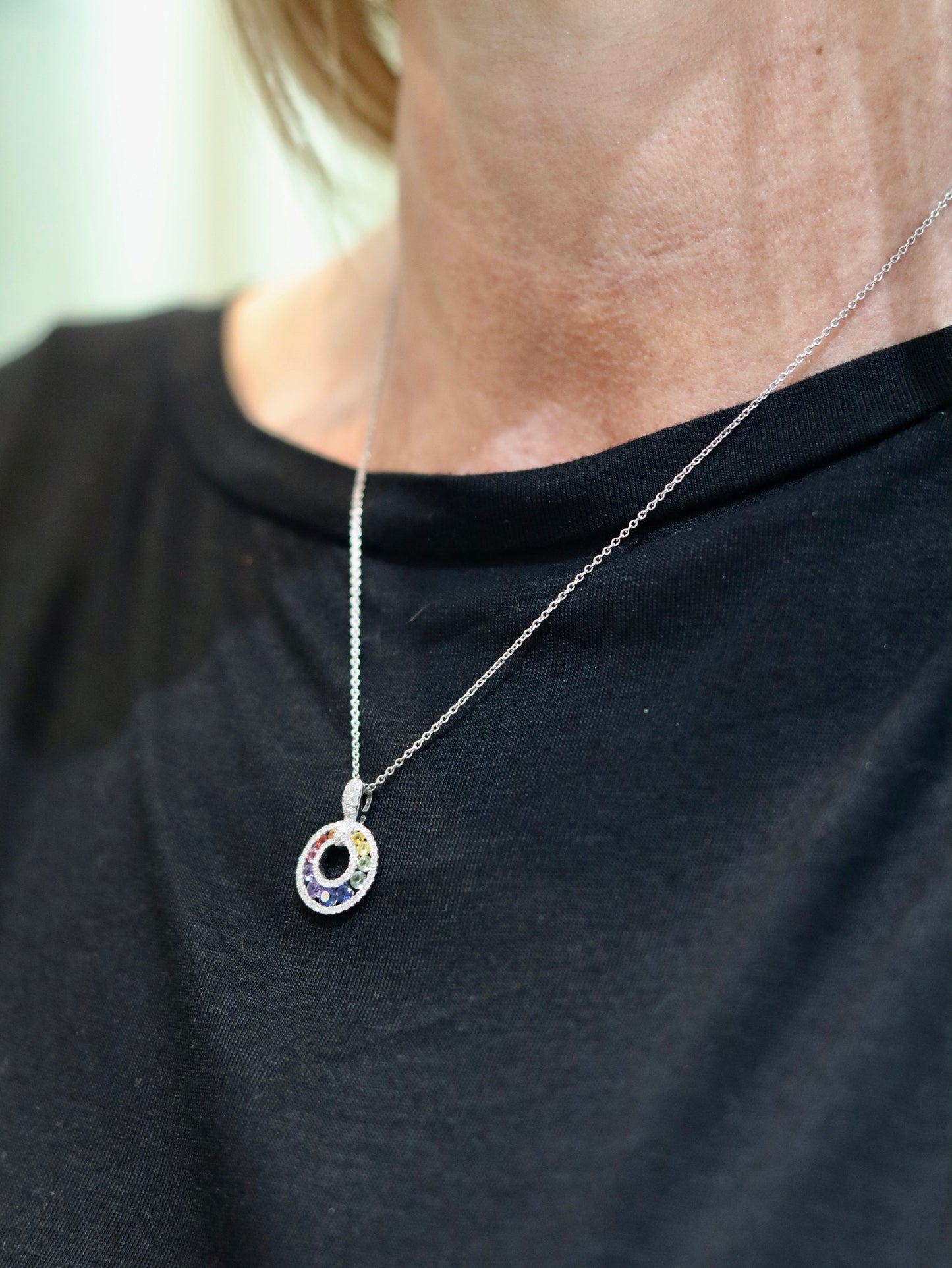 18ct White Gold Rainbow Sapphire and Diamond Pendant and Chain