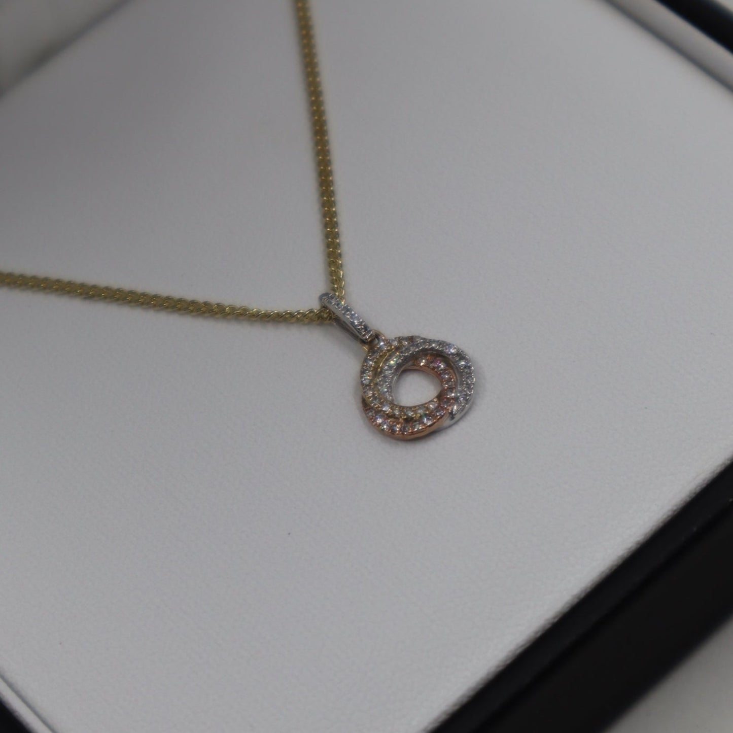 9ct 3 Colour Gold Diamond Knot Pendant and Chain