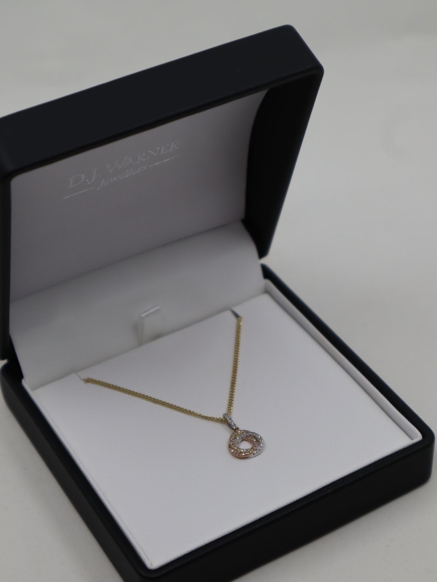 9ct 3 Colour Gold Diamond Knot Pendant and Chain