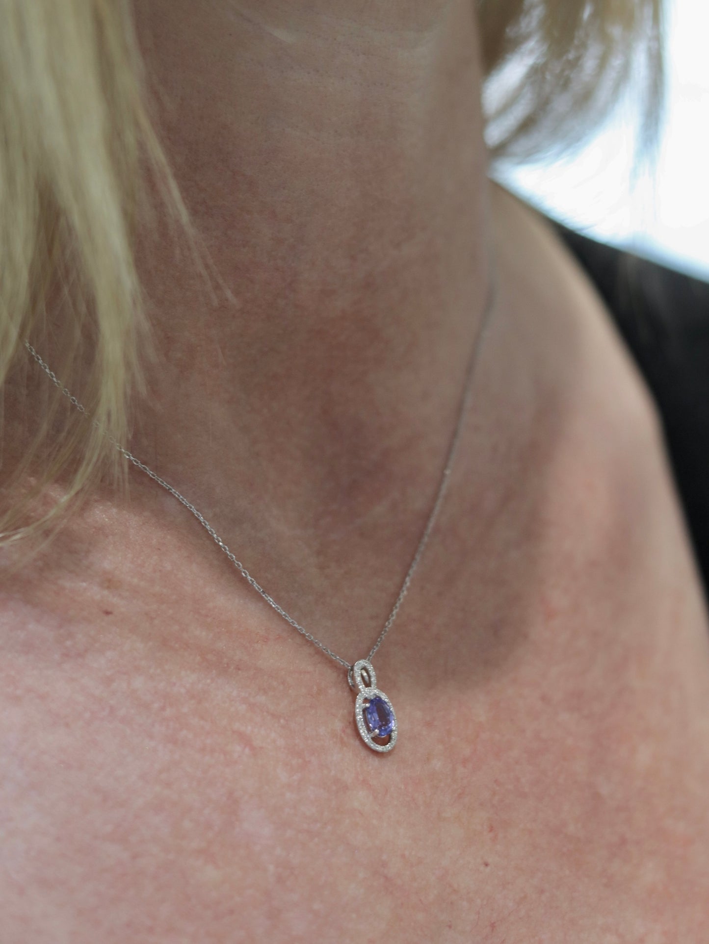 9ct White Tanzanite and Diamond Cluster Pendant and Chain
