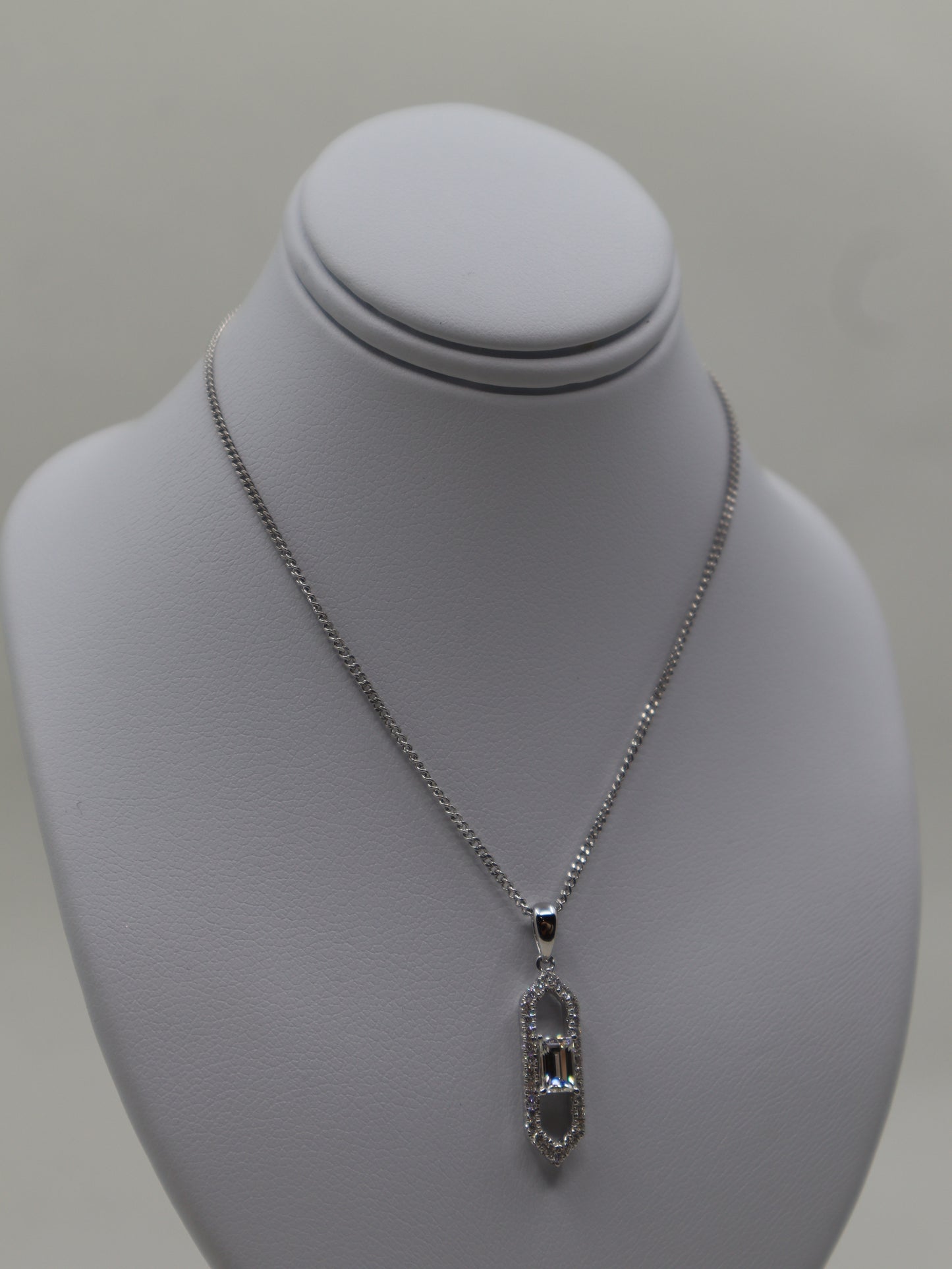 18ct White Gold Emerald Cut Diamond Pendant and Chain
