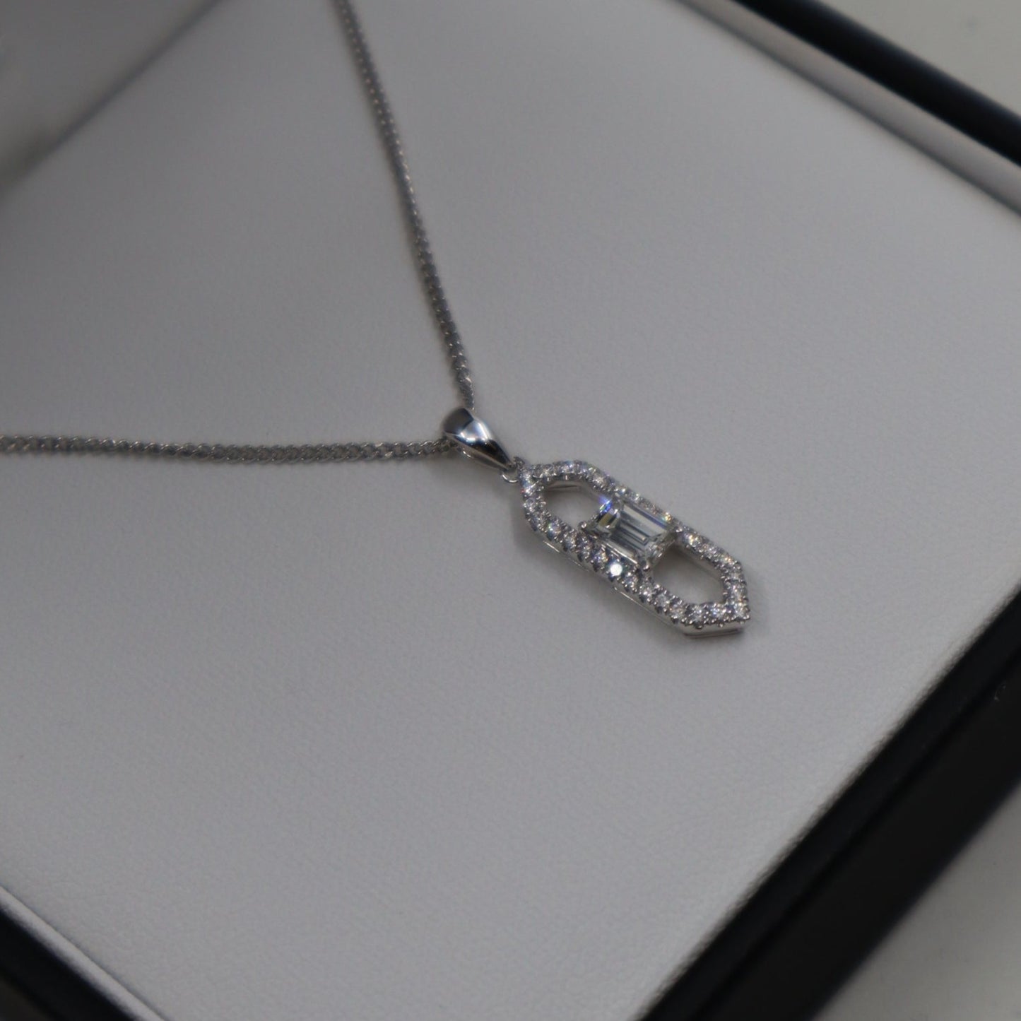 18ct White Gold Emerald Cut Diamond Pendant and Chain