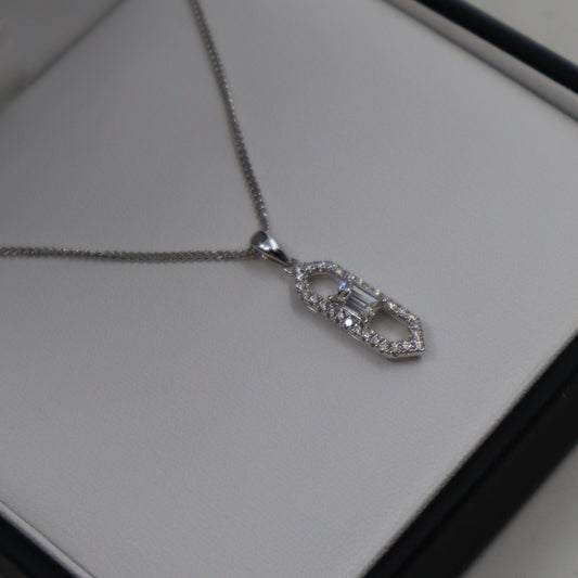 18ct White Gold Emerald Cut Diamond Pendant and Chain