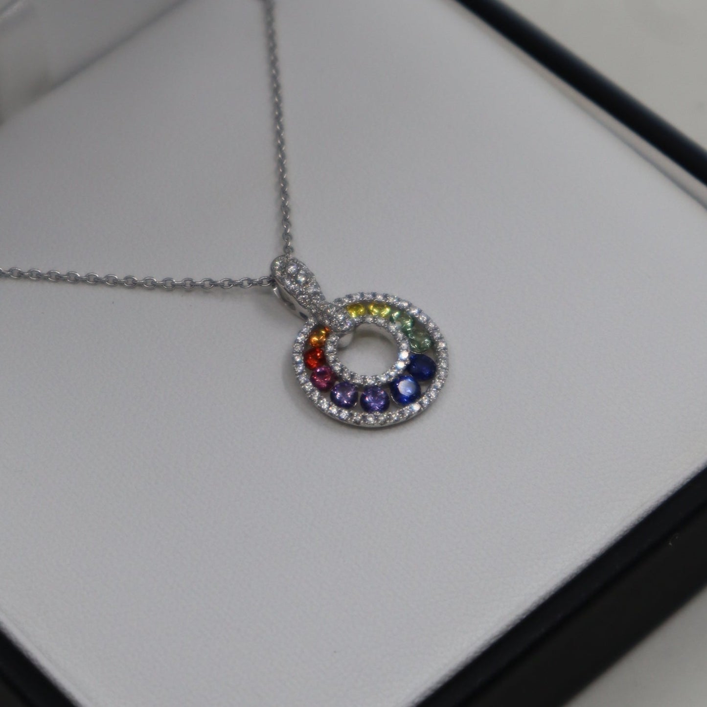 18ct White Gold Rainbow Sapphire and Diamond Pendant and Chain