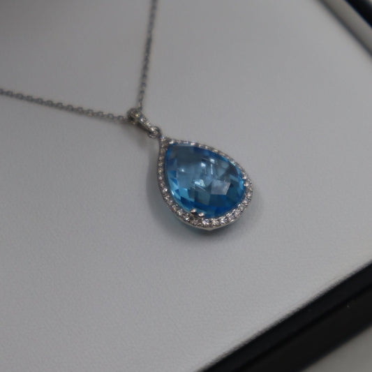 9ct White Blue Topaz and Diamond Cluster Pendant