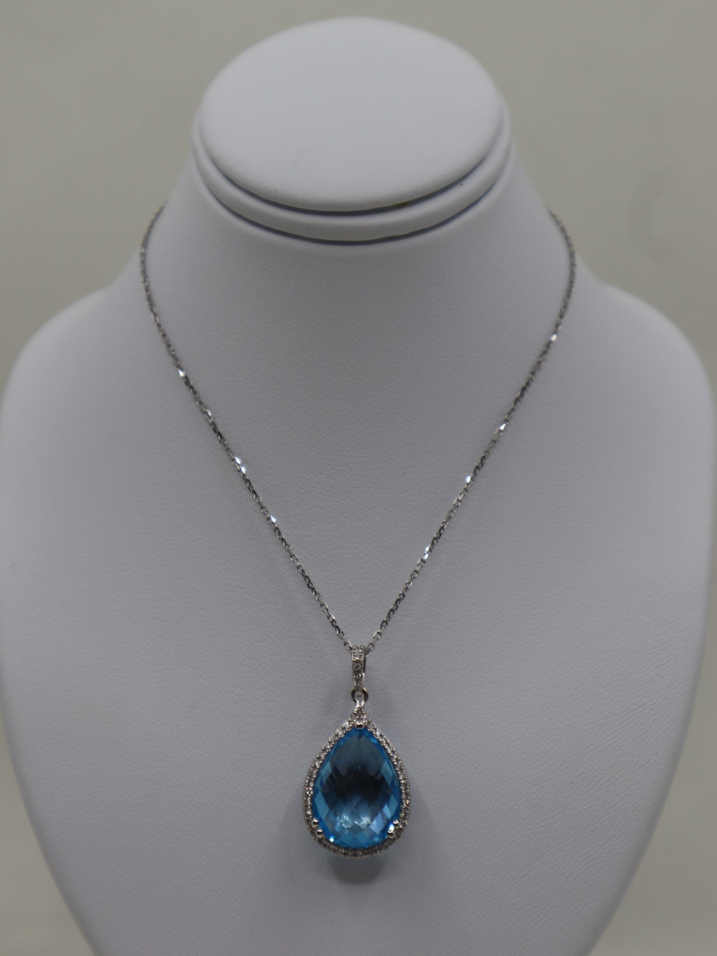 9ct White Blue Topaz and Diamond Cluster Pendant