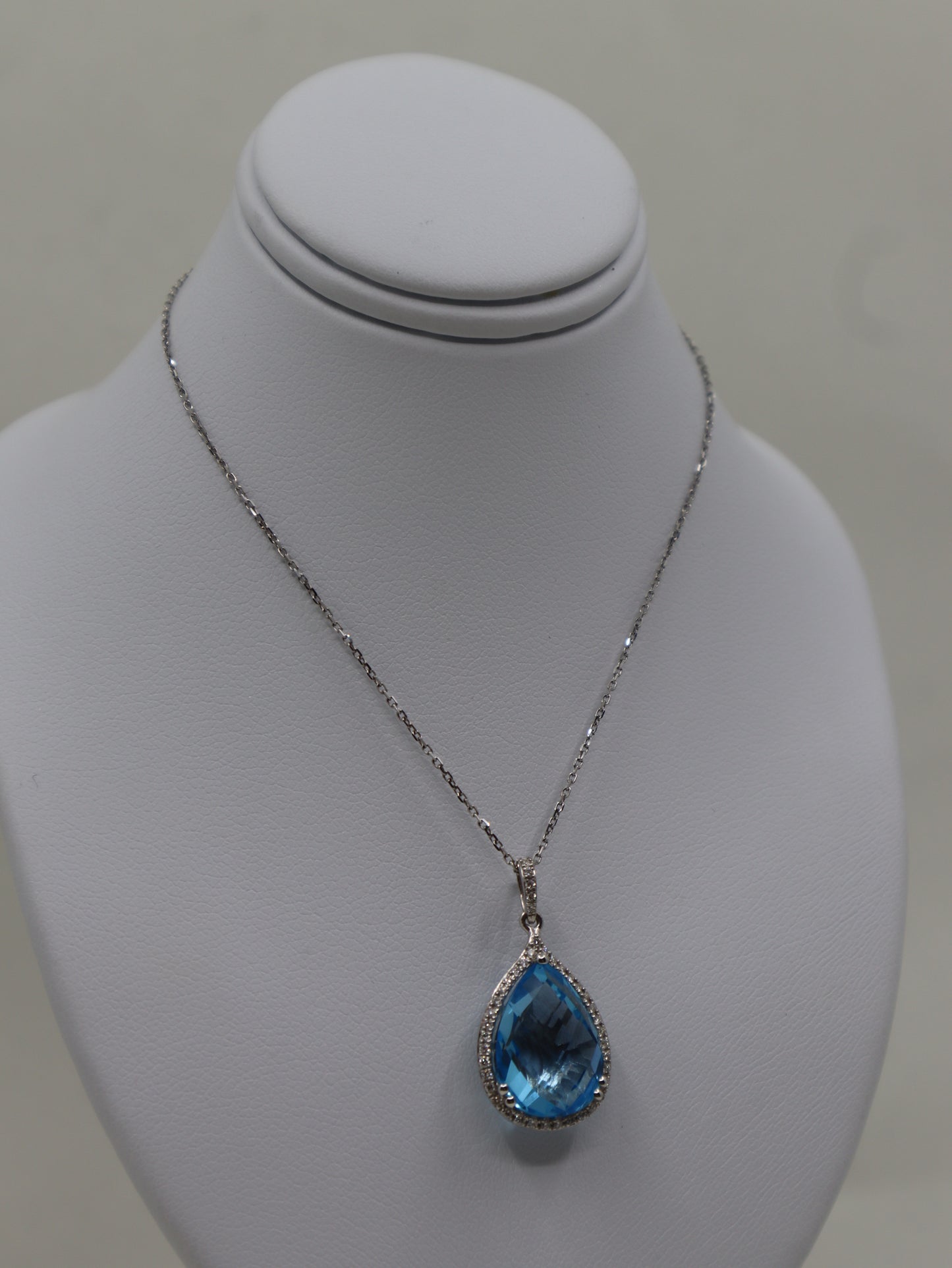 9ct White Blue Topaz and Diamond Cluster Pendant