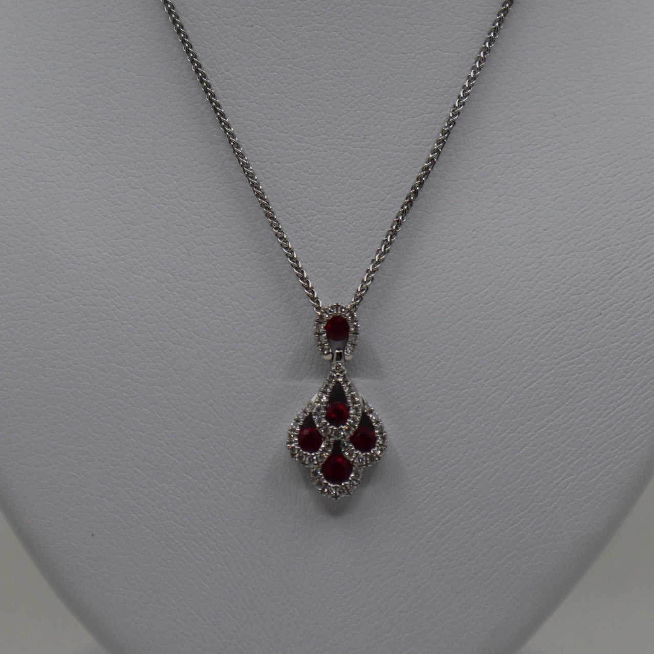 18ct White Fancy Ruby and Diamond Cluster Pendant and Chain