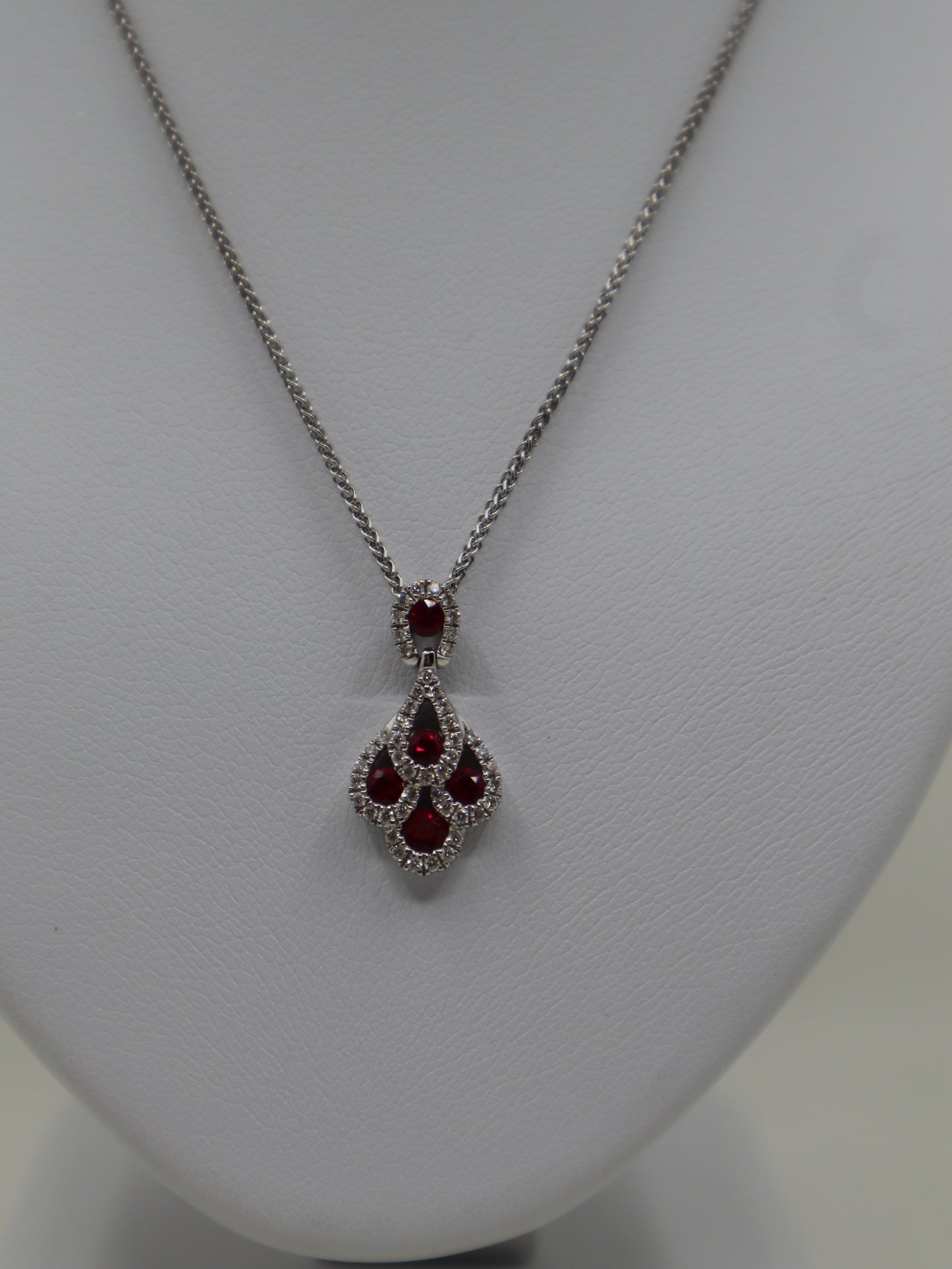 18ct White Fancy Ruby and Diamond Cluster Pendant and Chain