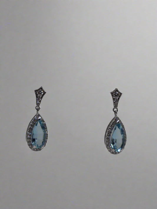 18ct White Gold Aquamarine and Diamond Drop Earrings
