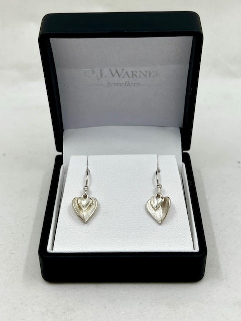 Silver Double Heart Drop Earrings