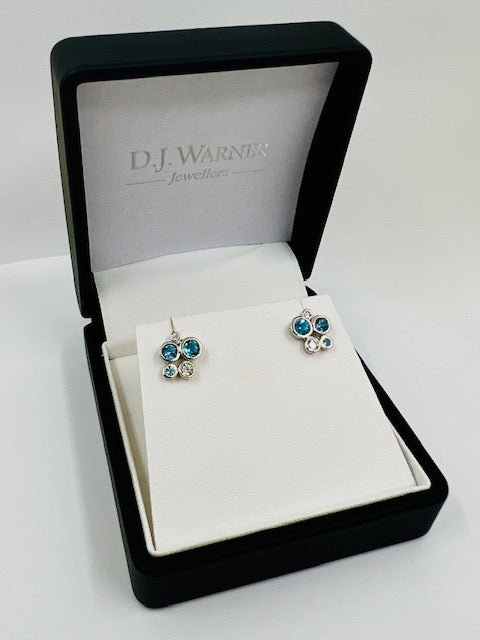 Silver Blue Topaz and Cz Bubble Earrings