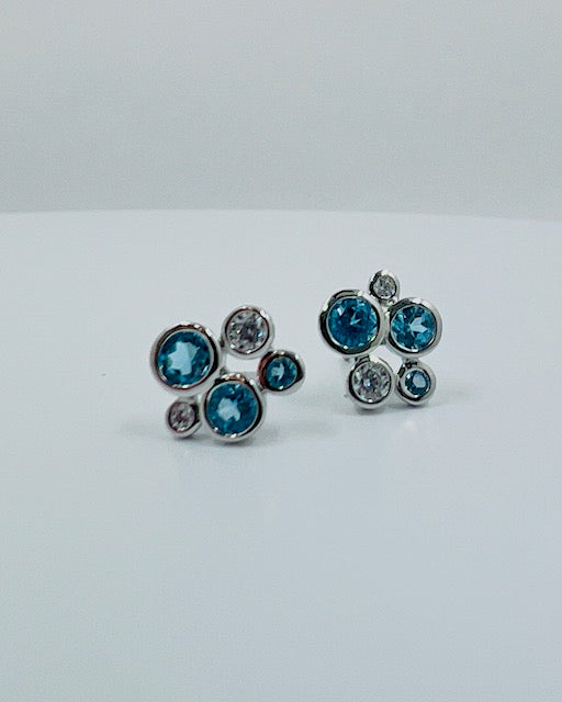 Silver Blue Topaz and Cz Bubble Earrings