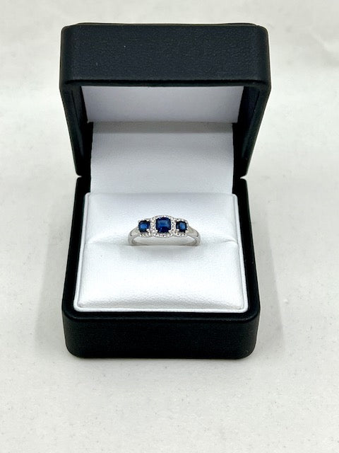 18ct White Gold Sapphire and Diamond 3 Stone Halo Ring