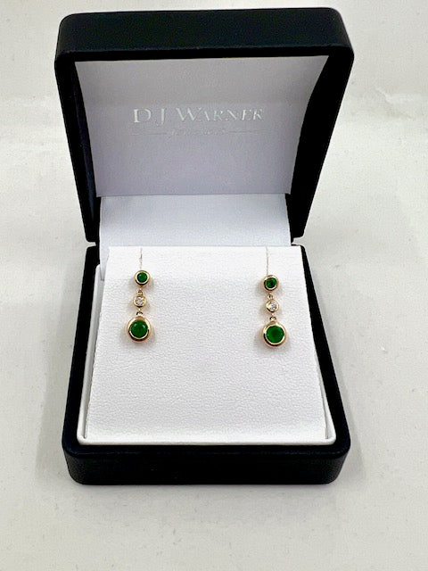 9ct Gold Emerald and Diamond Drop Earrings