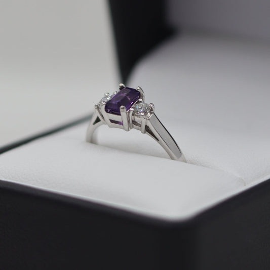 18ct White Gold Amethyst and Diamond 3 Stone Ring