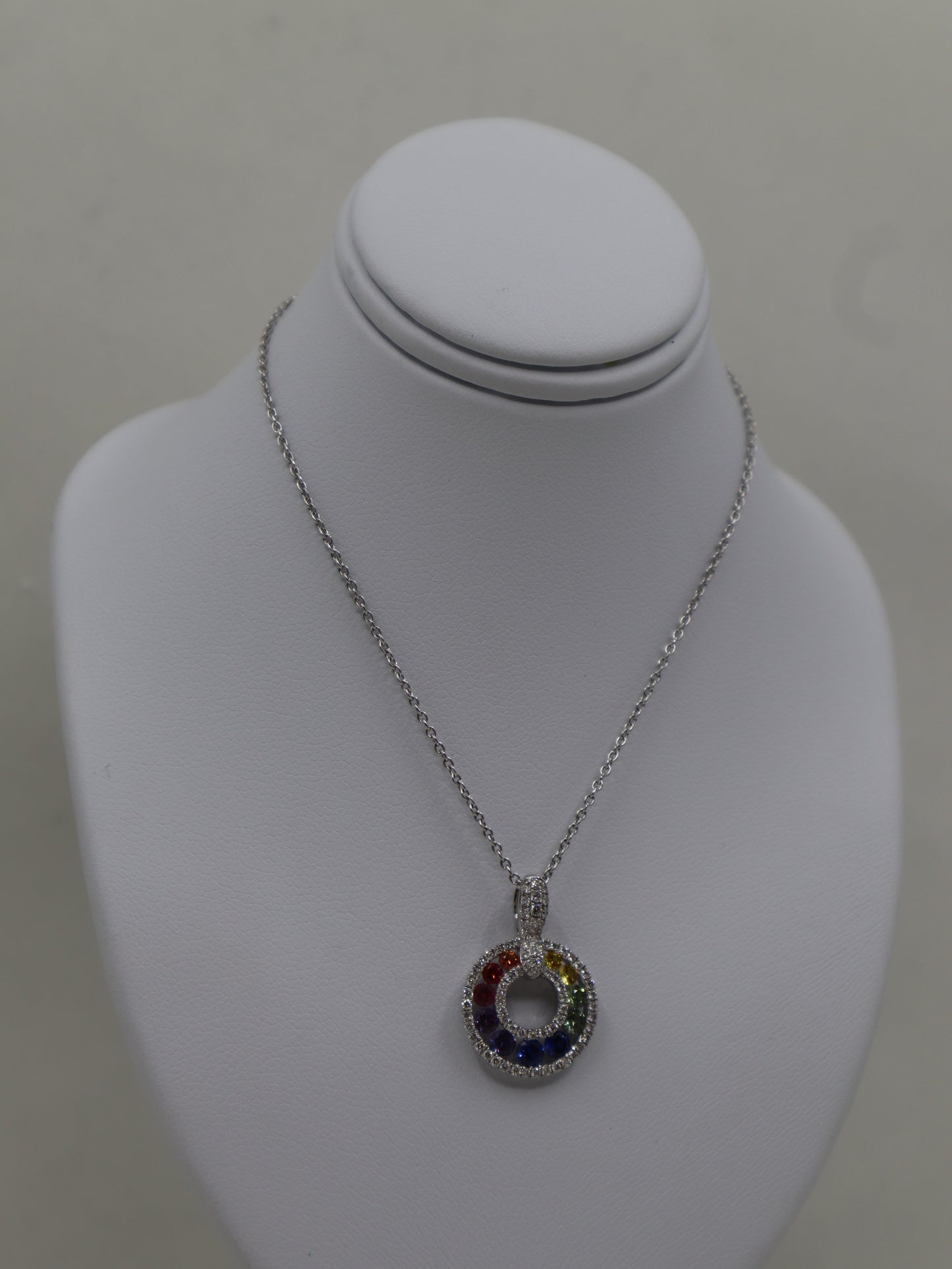 18ct White Gold Rainbow Sapphire and Diamond Pendant and Chain