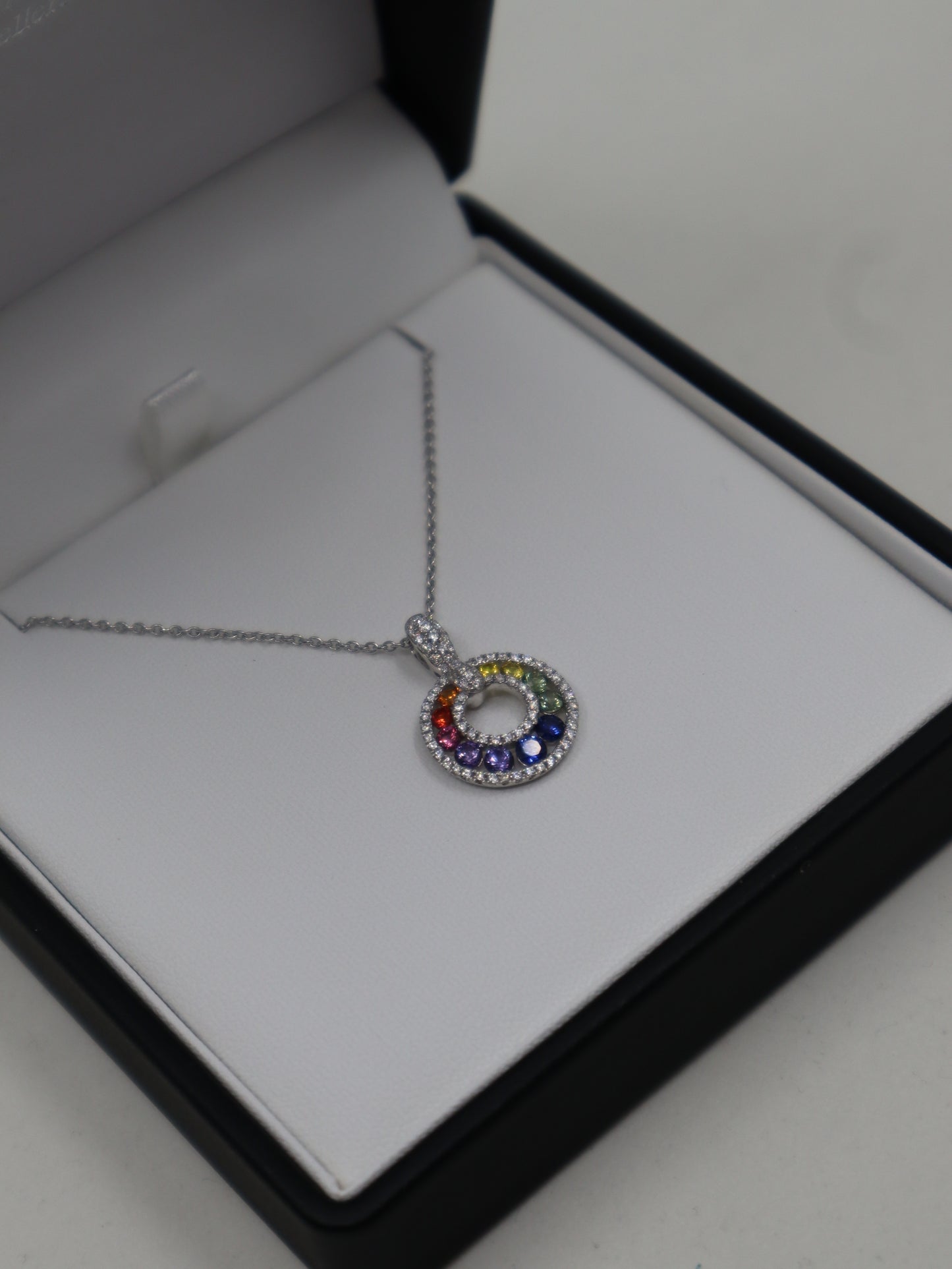 18ct White Gold Rainbow Sapphire and Diamond Pendant and Chain