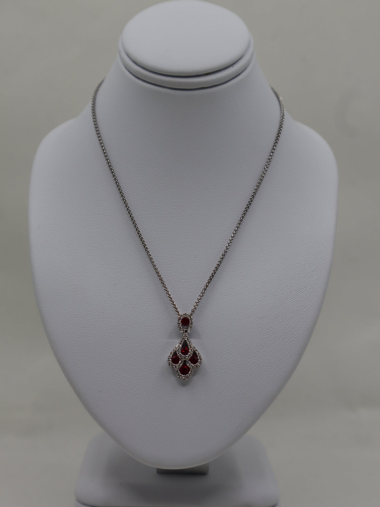 18ct White Fancy Ruby and Diamond Cluster Pendant and Chain