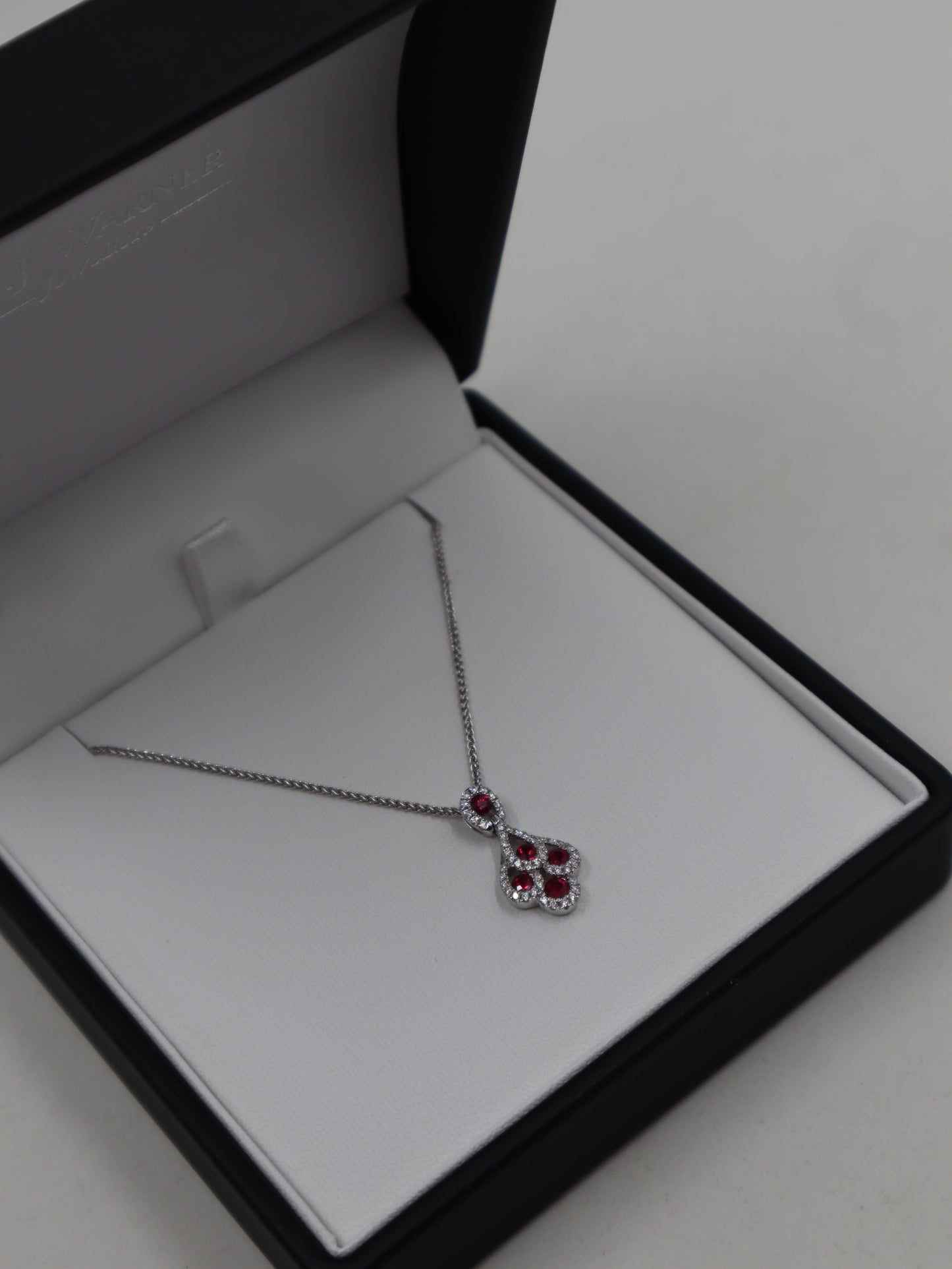18ct White Fancy Ruby and Diamond Cluster Pendant and Chain